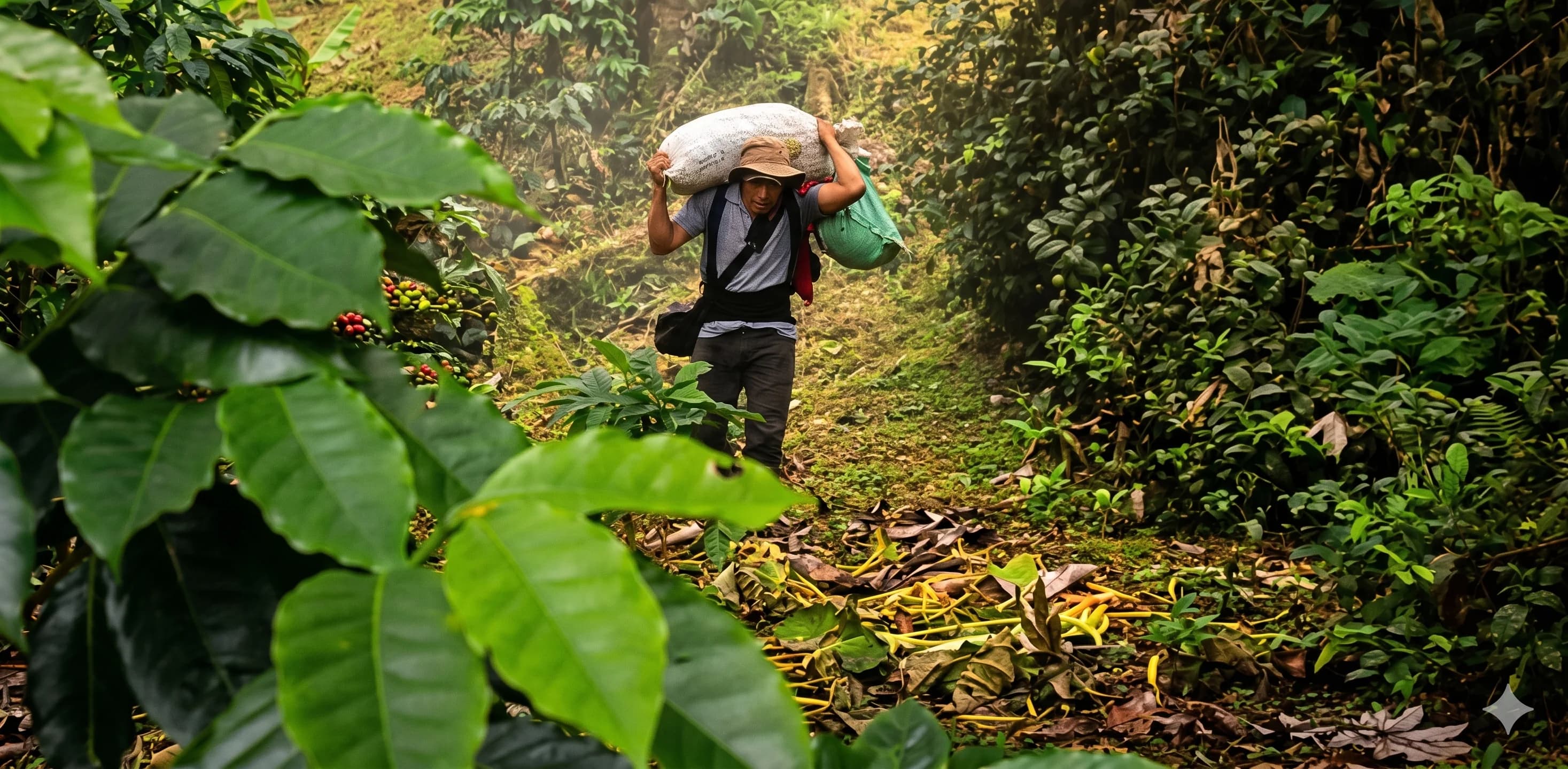 An ACC coffee farmer crossing the rainforest with a sack of coffee