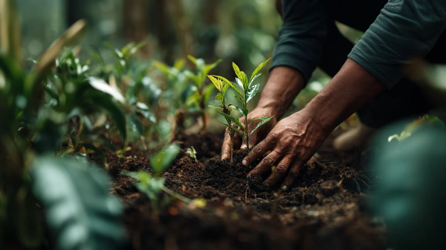 Hands planting a seedling in forest soil.